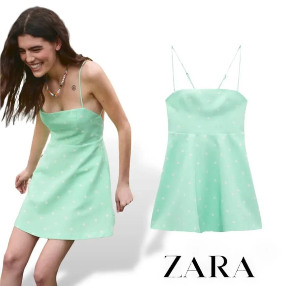 ZARA | Green & Ecru | LINEN BLEND POLKA DOT DRESS - Picture 1 of 8